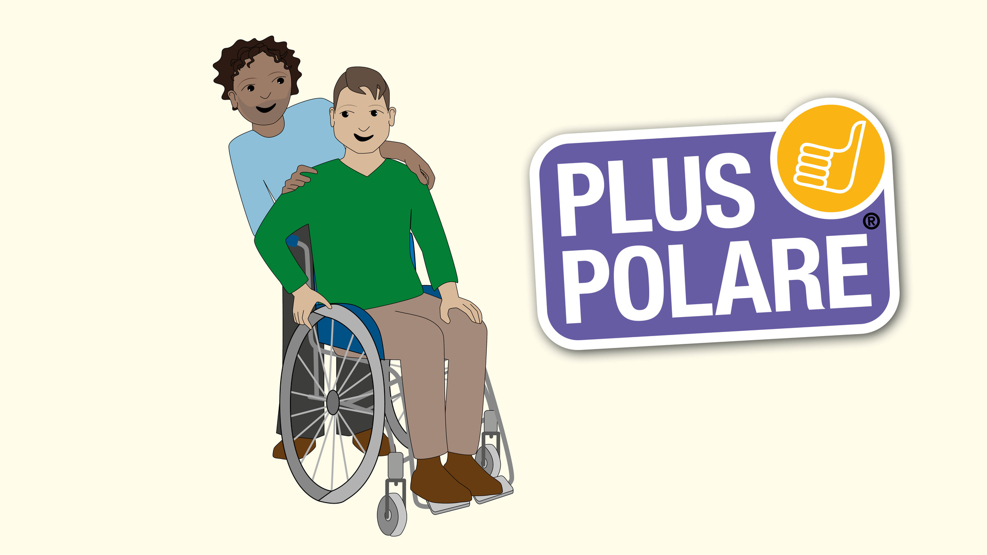 illustration person i rullstol och person bakom, logga Pluspolare