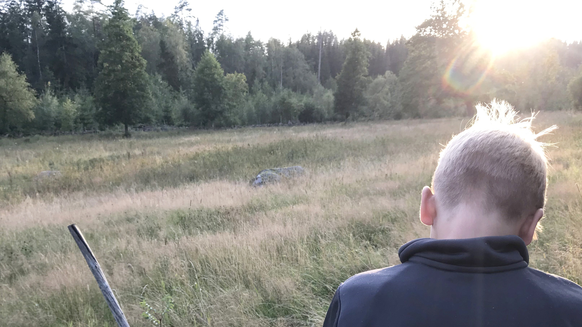 Pojke med nedböjt huvud sitter på äng.