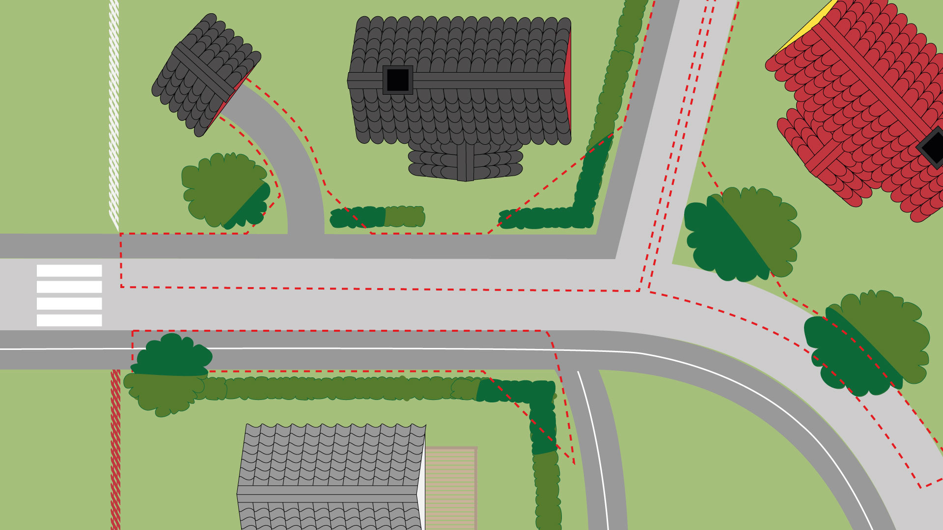 Illustration över gata uppifrån med markering över fastighetsägarens ansvarsområde utanför tomt. 