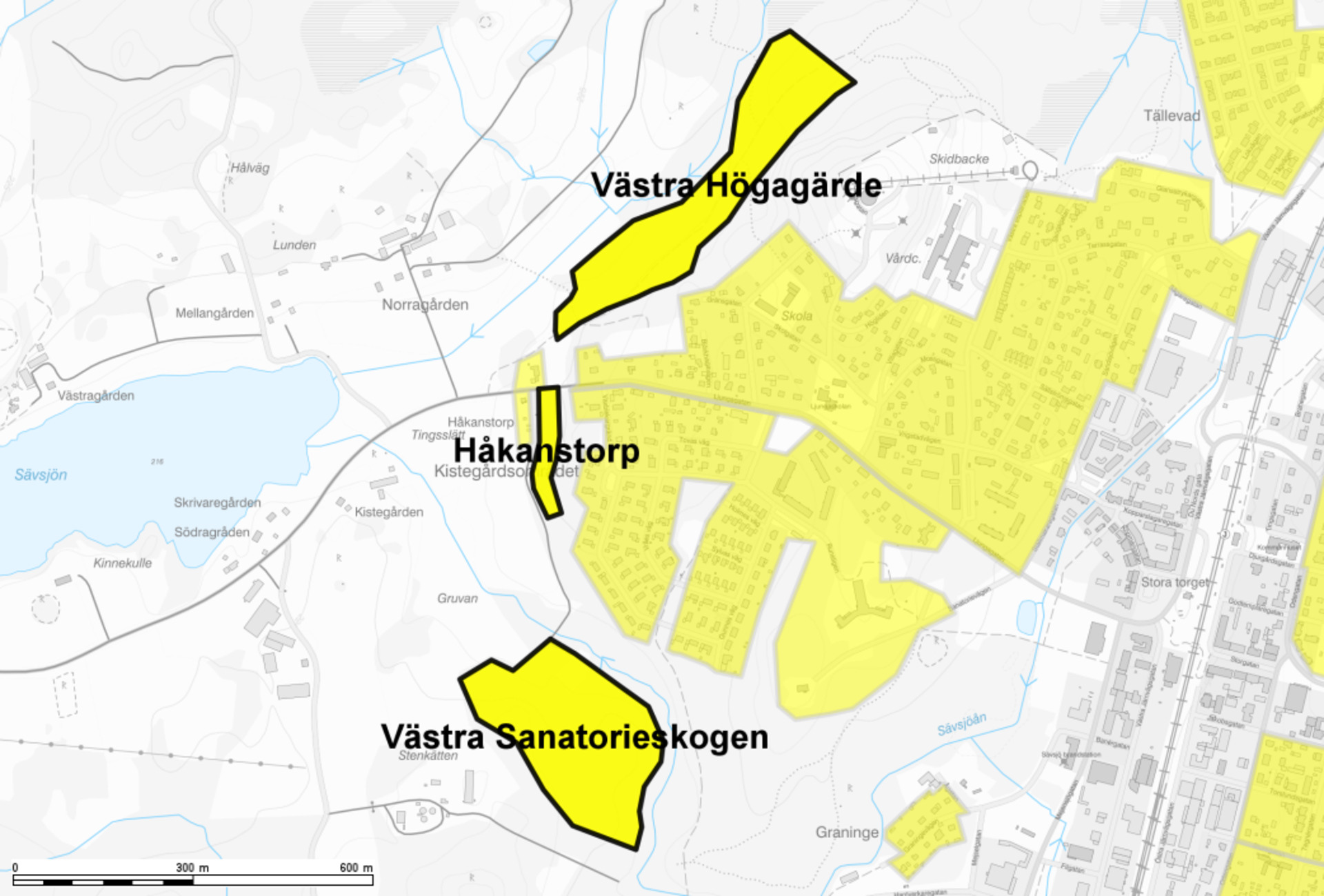 Karta över områdena Västra Högagärde, Håkanstorp och Västra Sanatorieskogen.