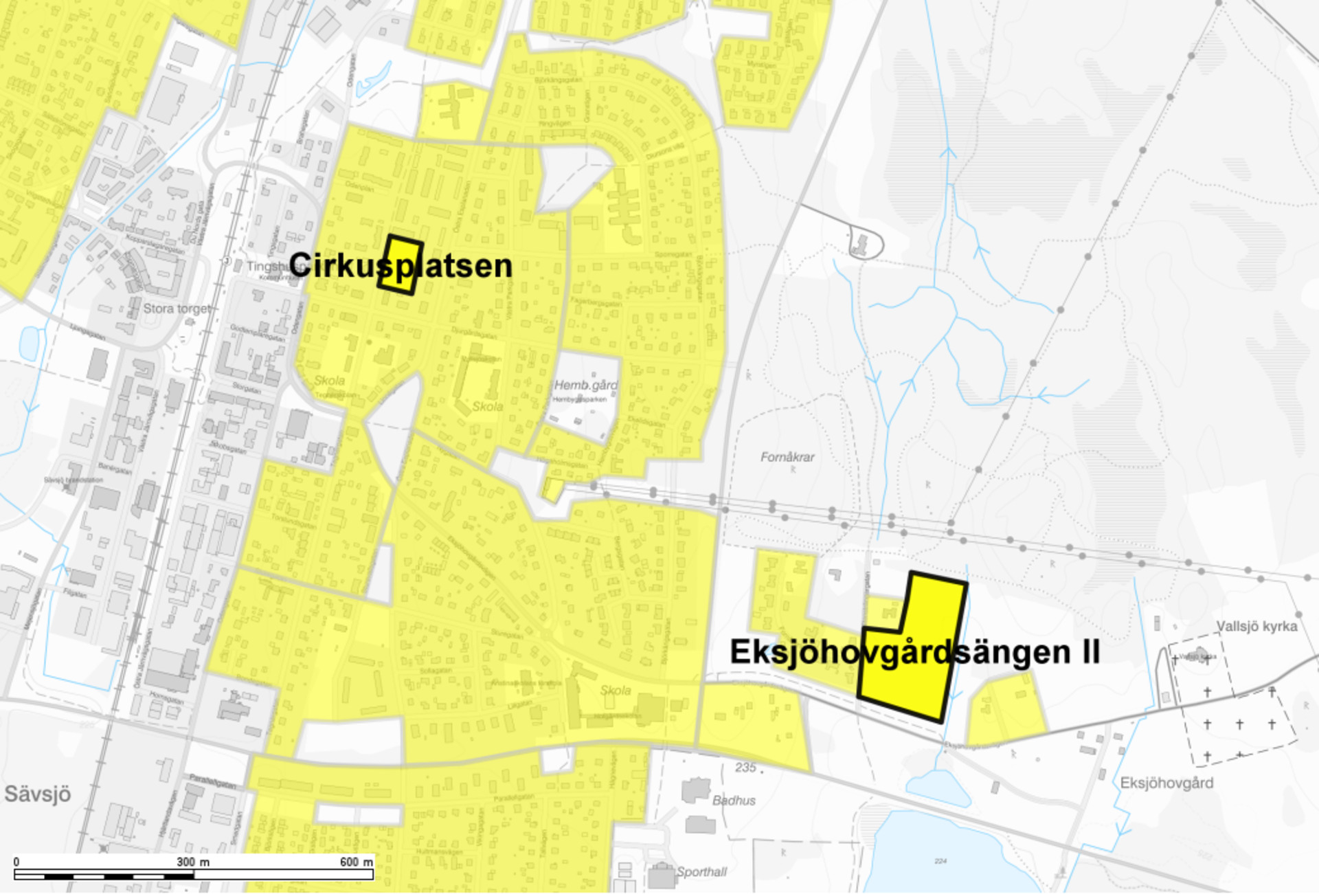Karta över områdena Cirkusplatsen och Eksjöhovgårdsängen II.