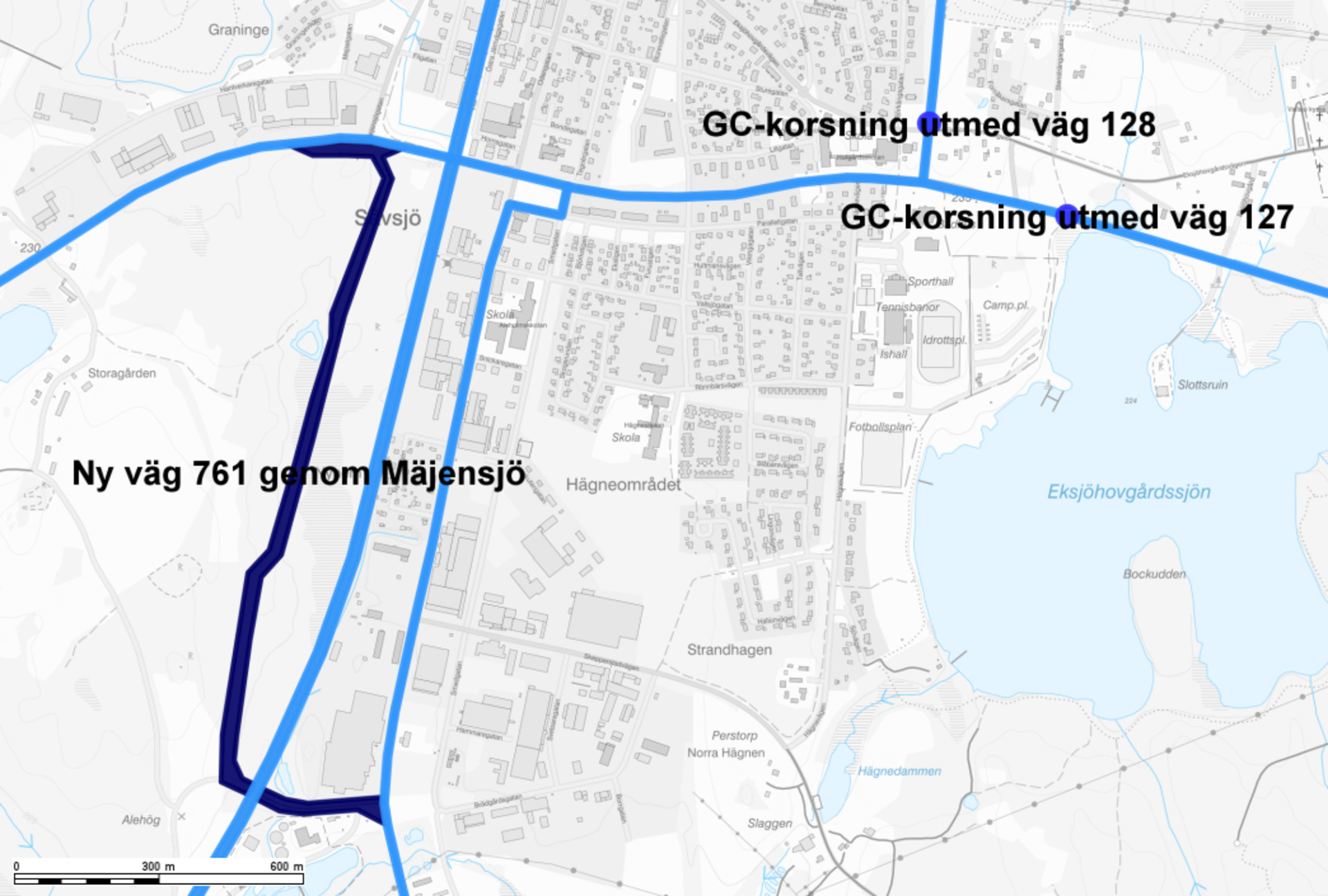 Karta över den föreslagna transportinfrastrukturen i södra Sävsjö.