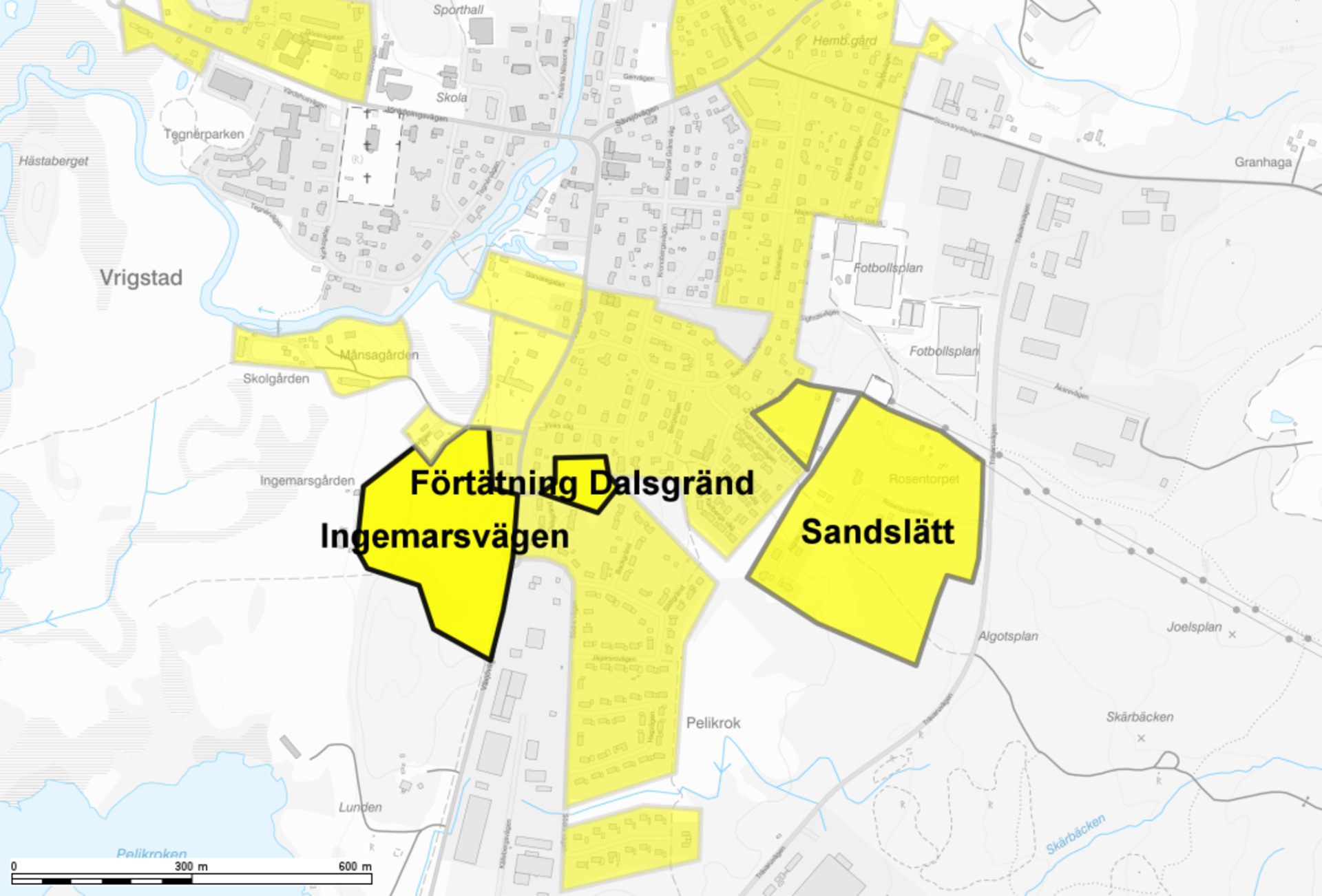 Karta över föreslagna bostadsområden i södra Vrigstad.