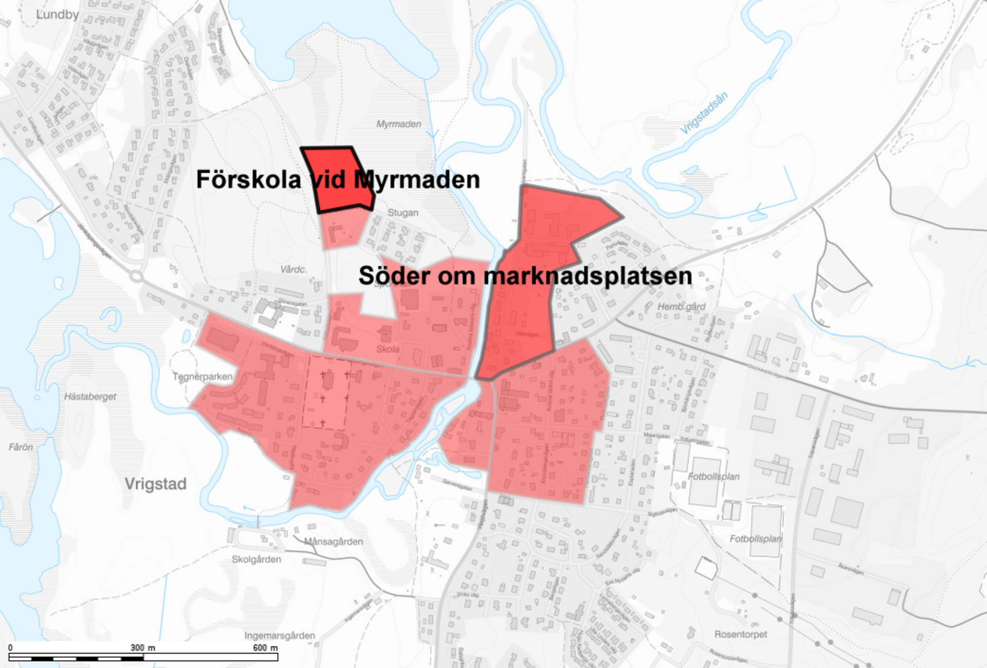 Karta över föreslagna områden för mångfunktionell bebyggelse i Vrigstad.