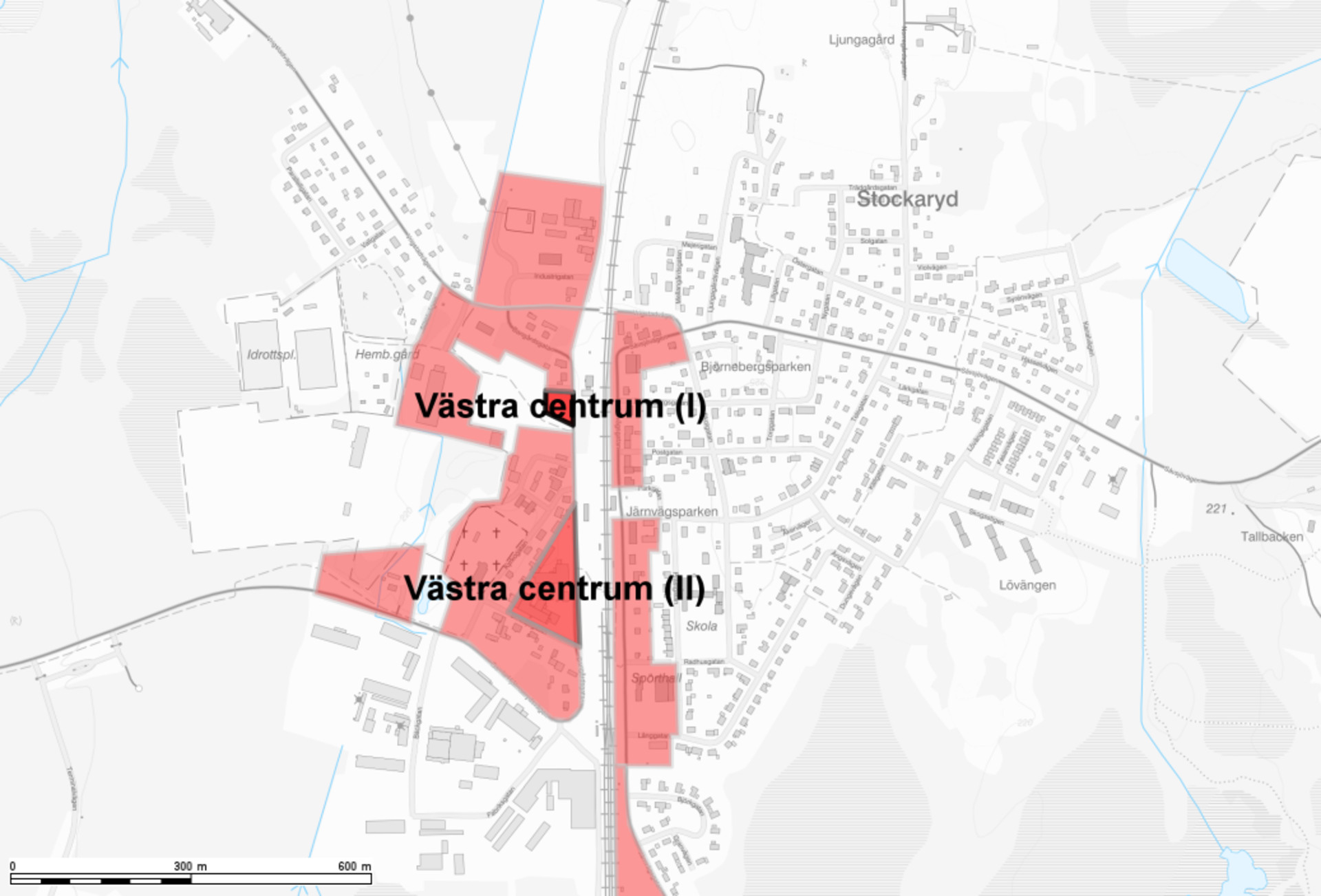 Karta över föreslagna områden för mångfunktionell bebyggelse i Stockaryd.