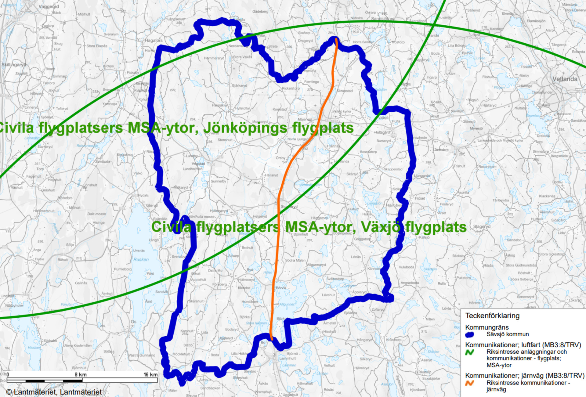 Karta över riksintresseområdena för kommunikationer i kommunen.