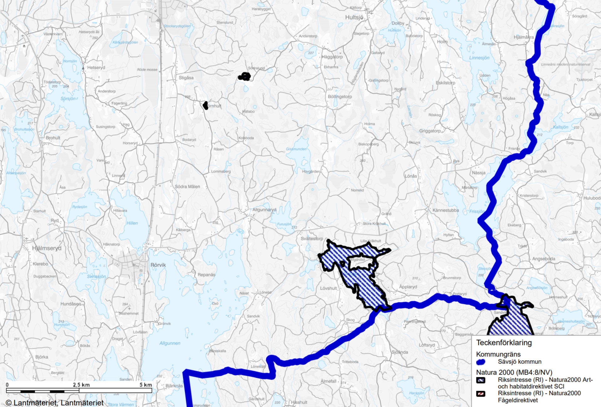 Karta över Natura2000 i södra delen av kommunen.