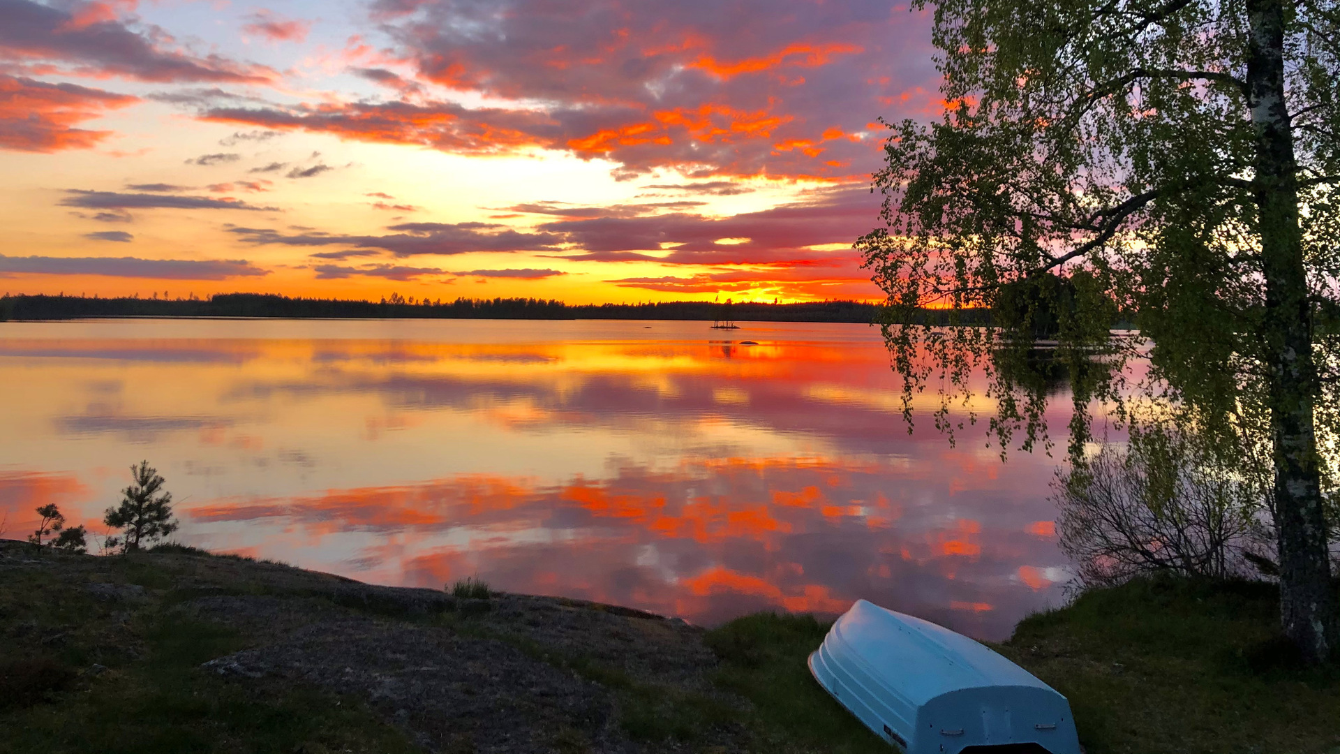 Solnedgång vid en sjö och en eka