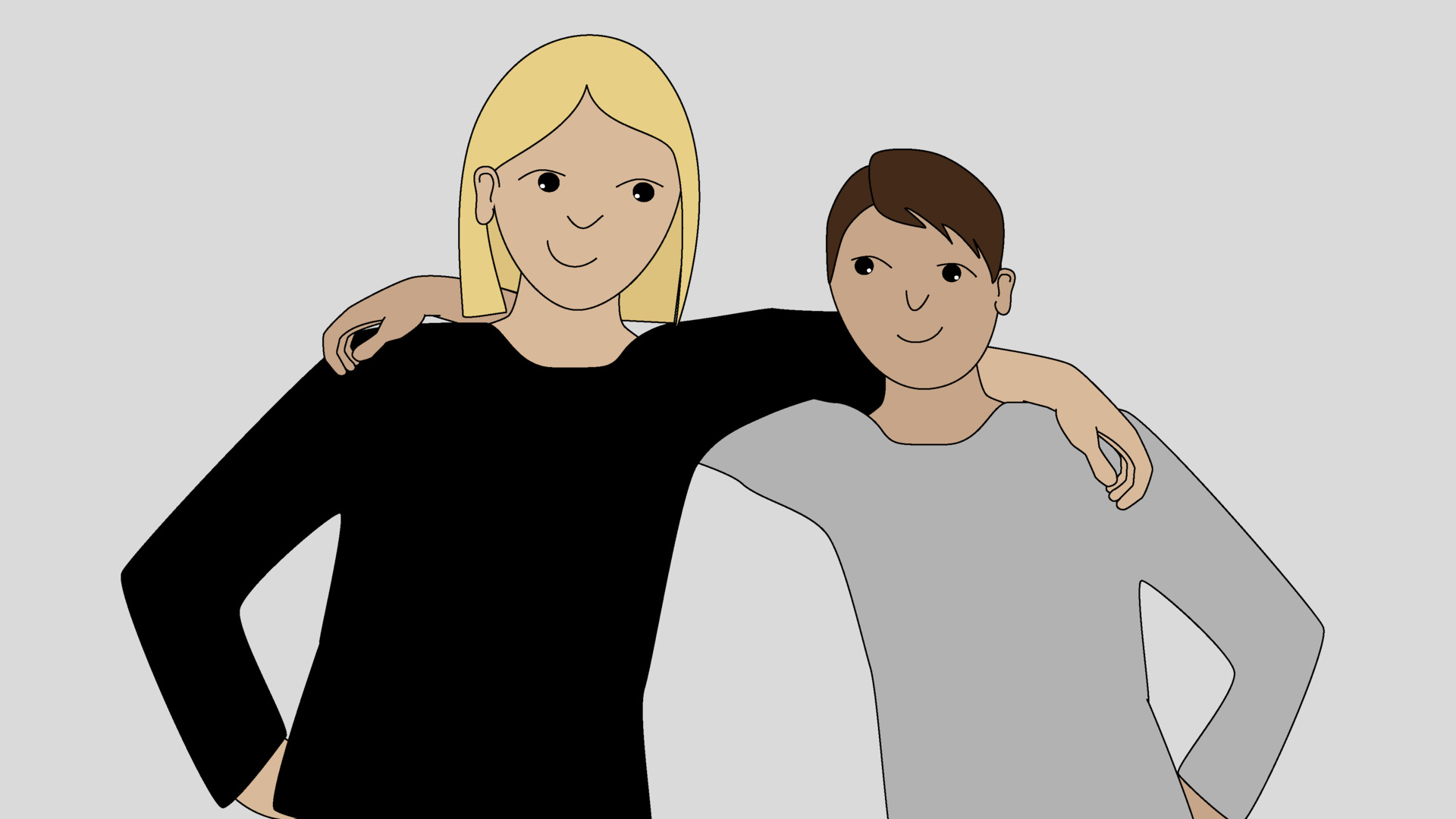 Illustration vuxen kvinna och tonårig kille håller armarna om varandras axlar