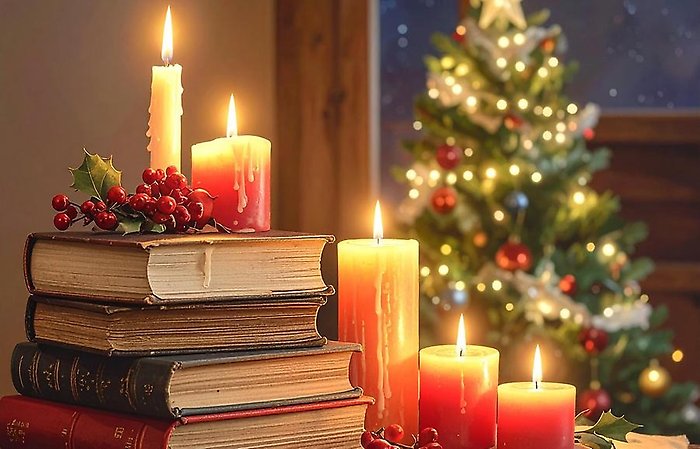 julgran med en trave böcker i förgrunden