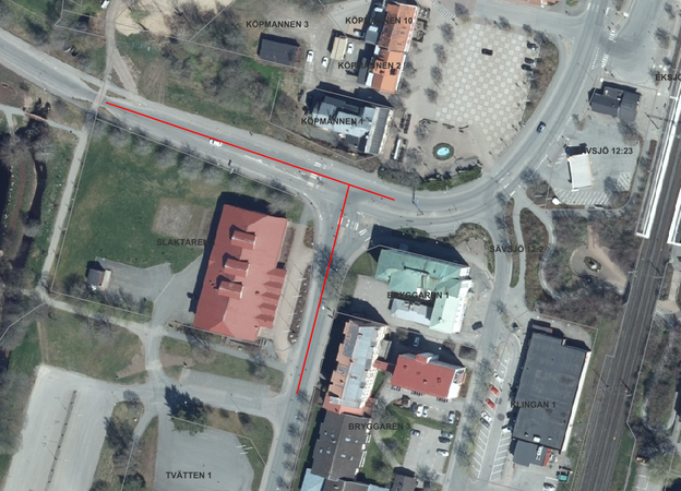 En karta över Sävsjö centrum med utmärkta sträckor där vi kommer att asfaltera vecka 39 2025.