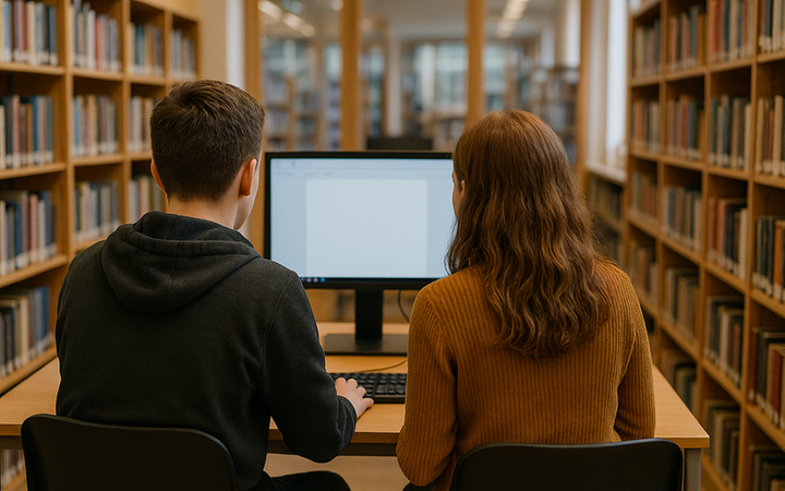 två personer som tittar på en datorskärm (AI-genererad)